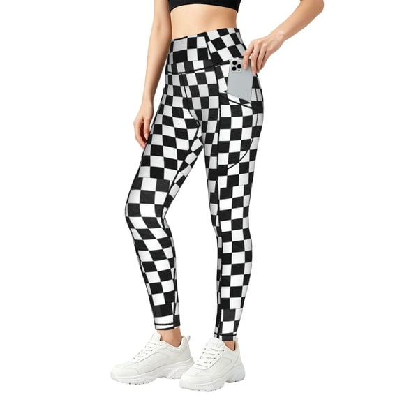 Race Waving Checkered Flag High Waisted Yoga Pants with Pockets Leggings for Women Tummy Control Workout Leggings Small