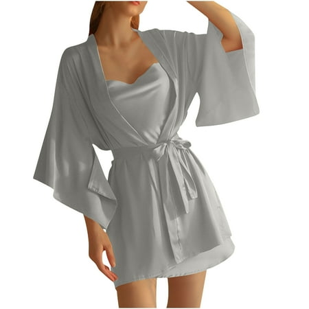 POIUYTR Satin Babydoll Nightdress for Women - Spaghetti Strap Backless Short Dress with Bathrobe Set Valentines Gift for Her  Bridal Set Accessories