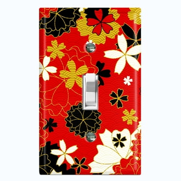 Metal Light Switch Plate Cover Japanese Flower Pattern Red Wallpaper FLW036