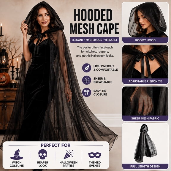 Black Mesh Hooded Witch Cape with Ribbon Tie, Spooky Halloween for Student and Adults, Party Grim Reaper Cloak