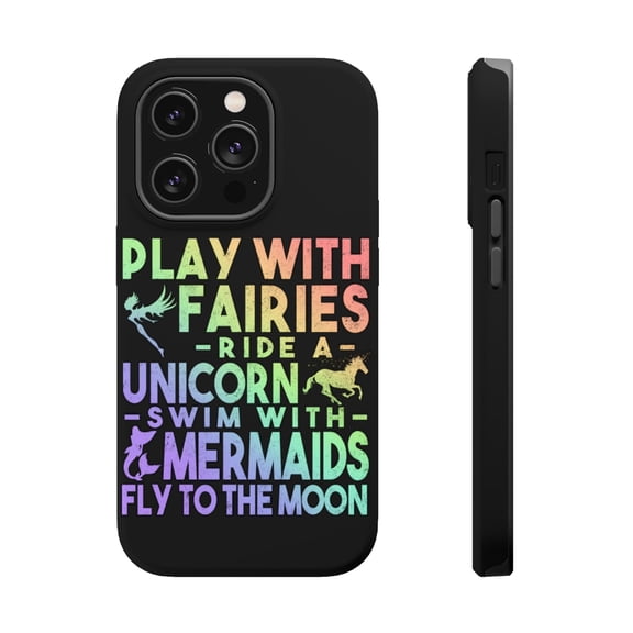 DistinctInk MagSafe Tough Case for Apple iPhone 15 Pro (6.1" Screen) - Play With Fairs Ride Unicorn Mermaids Moon - Tempered Glass Back