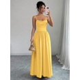 thumbnail image 5 of Light Yellow Womens Elegant Spaghetti Strap Ruched Waist Flowing Maxi Dress For Wedding Guest Or Formal Occasion, 5 of 7