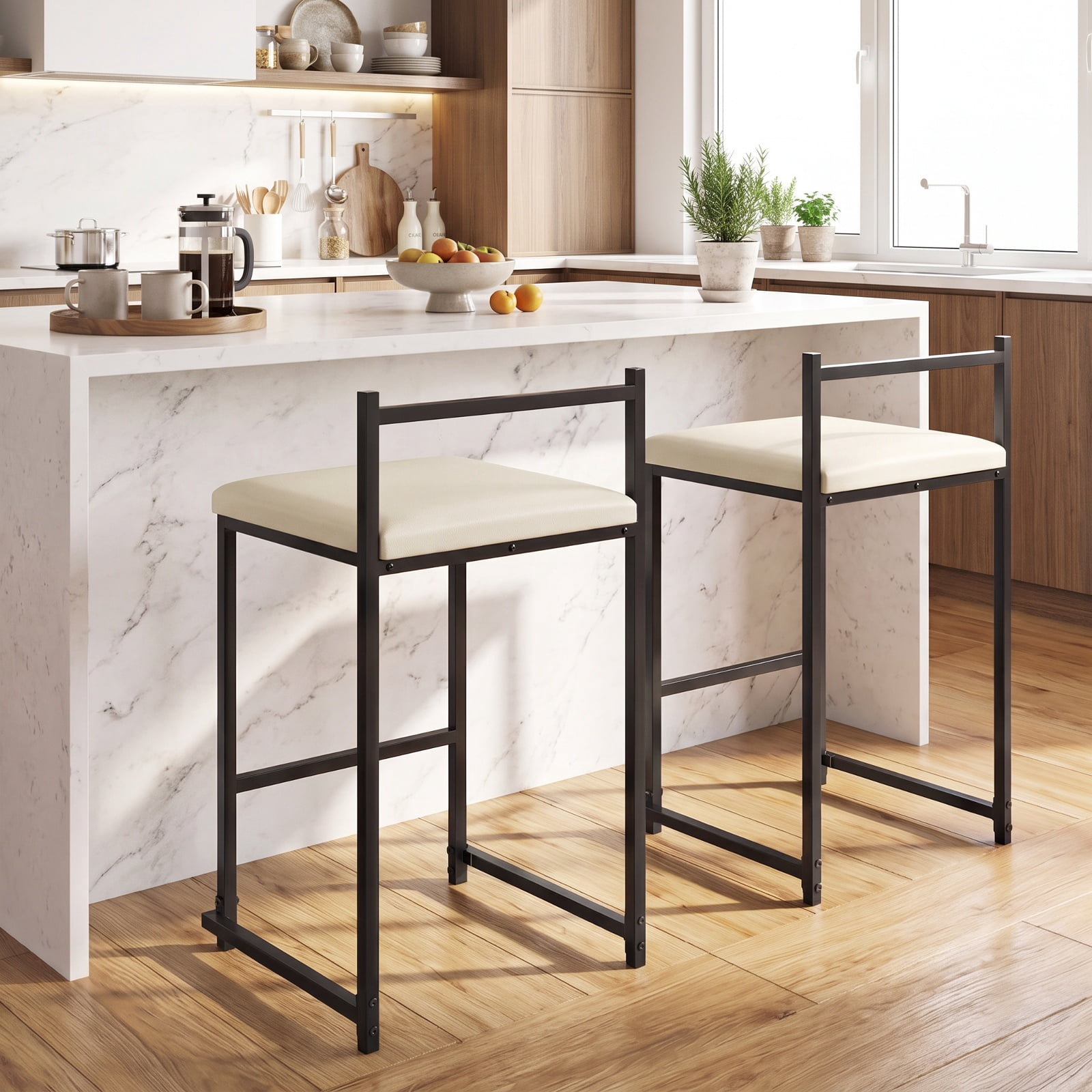 Furnibear Set of 2 Stackable Counter Height Bar Stools PU Leather Upholstered with Footrest for Kitchen Island Counter Bar Pub Dining Home, Black