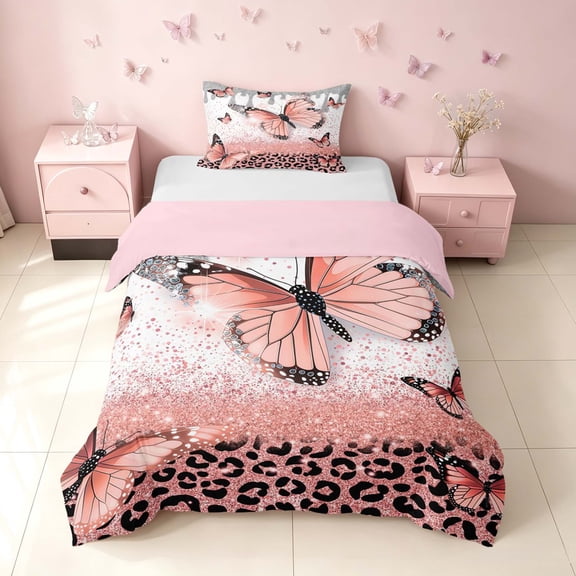 Homewish Pink Butterfly Twin Duvet Cover for Girls, Glitter Leopard Print Twin Bedding, Pink Reversible, 2 Piece 1 Duvet Cover and 1 Pillowcase