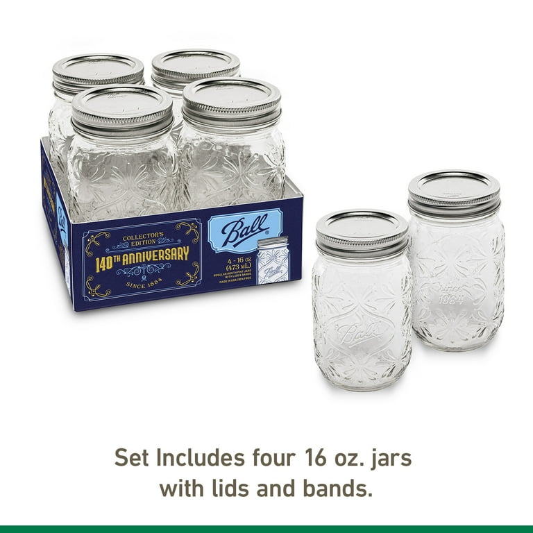 Ball Regular Mouth 16oz Pint 140th Anniversary Keepsake Jars, 4 Pack Ball Regular Mouth 16oz Pint 140th Anniversary Keepsake Jars, 4 Pack