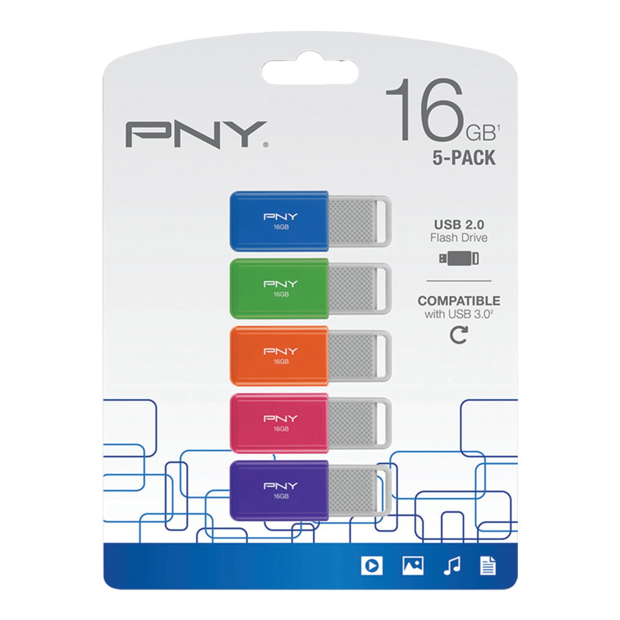 PNY USB 2.0 Flash Drives, 16GB, Assorted Colors, Pack Of 5 Flash Drives
