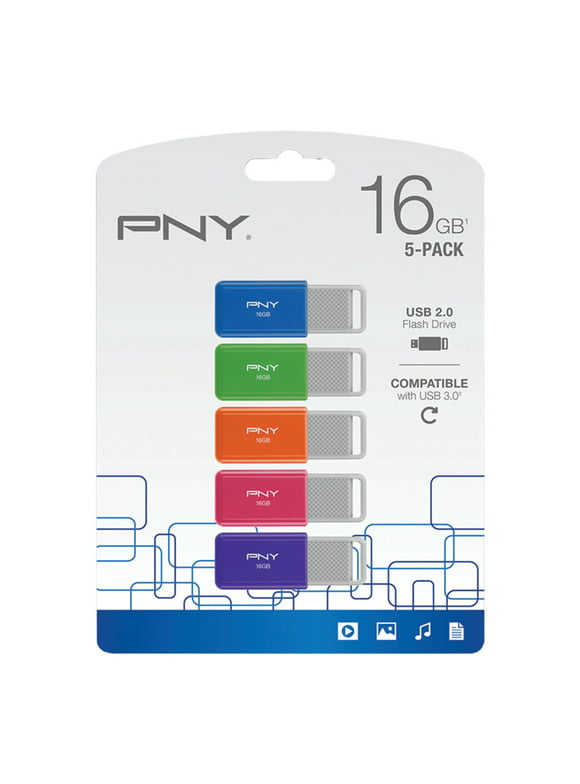 PNY USB 2.0 Flash Drives, 16GB, Assorted Colors, Pack Of 5 Flash Drives