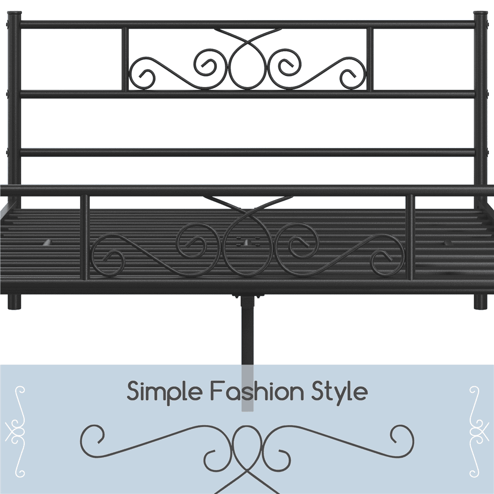 Fullfurnique Metal Platform Bed Frame with Scroll Headboard and Footboard, Queen, Black