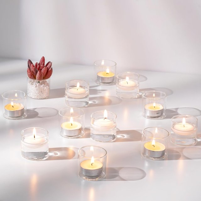 Set de 24 Portavelas de Vidrio de Luz de Té Transparentes - Pequeños Portavelas Flotantes para Centros de Mesa de Fiestas (4.6x4cm)