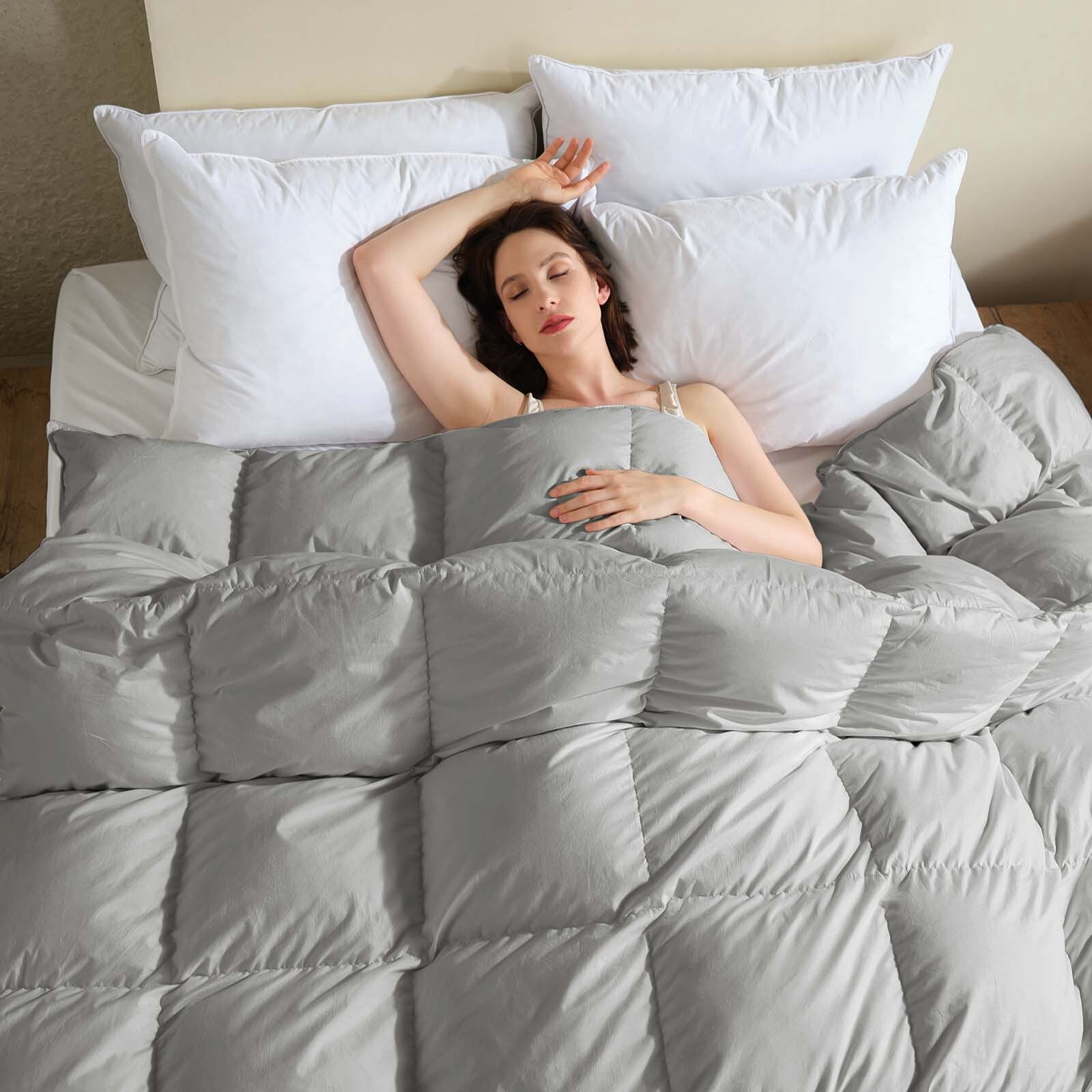 Teler Goose Down Comforter Queen Size, Extra Fluffy White Duvet Insert, Ultra-Soft, Breathable , All Season Hotel Luxury Bedding Comforters, 4 Corner & Center Loops , Light Gray