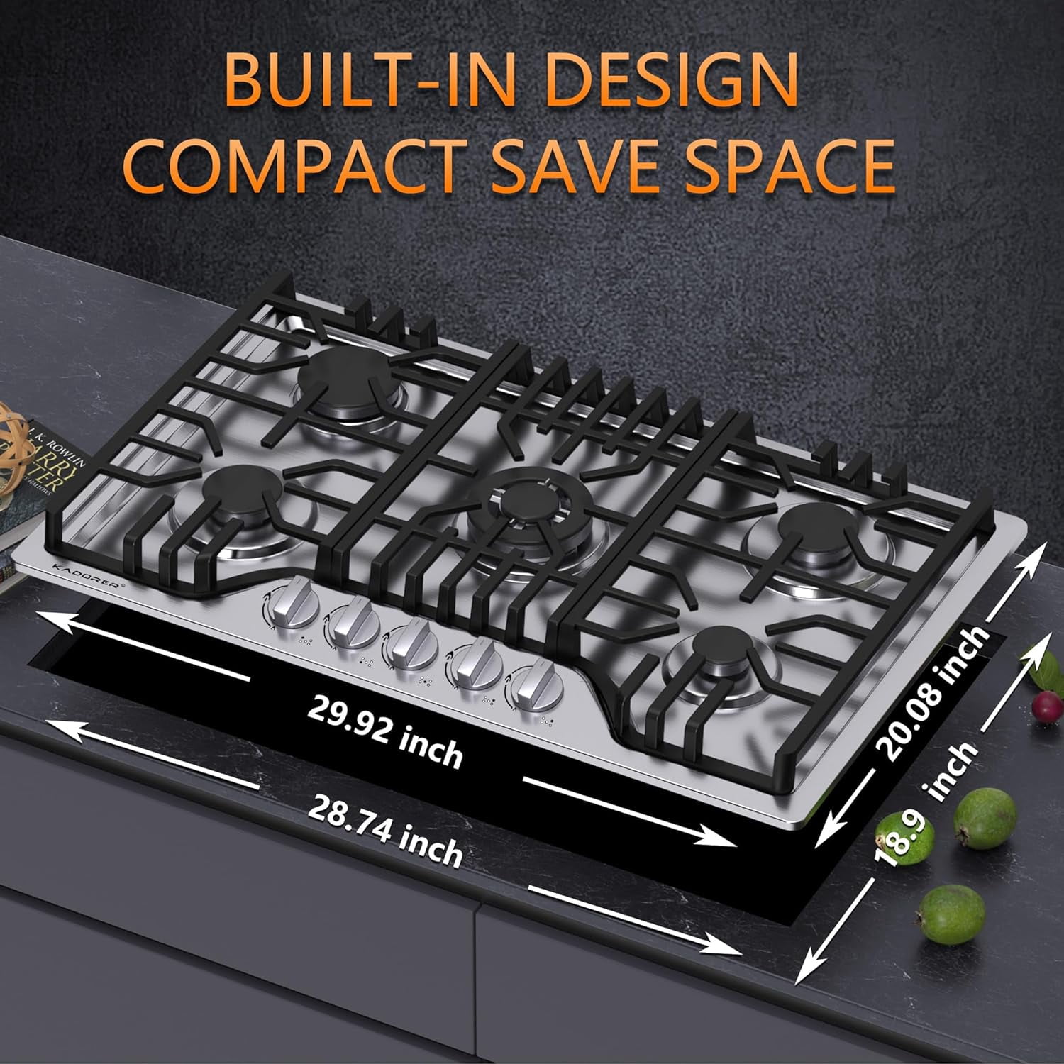 30 inch Gas Cooktop, Bulit-in Gas Stove Top with 5 Burner, NG/LPG Convertible Cooktops, 5 Burner Propane Cooktop with Thermocouple Protection, Stainless Steel