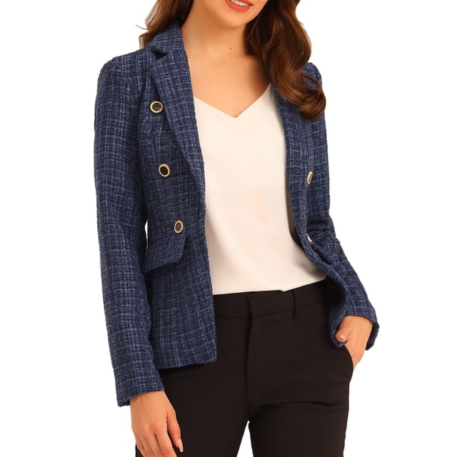 Chaqueta de mujer elegante a cuadros de Manga larga con solapa frontal abierta de tweed Allegra K Azul Oscuro XL