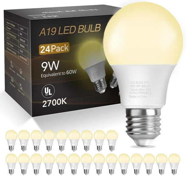 DAYBETTER Bombillas LED A19, 60W Eq., 2700K, 9W, 800lm, E26, UL, Luz para Recámara, Sala, Hogar y Oficina, Pack 24