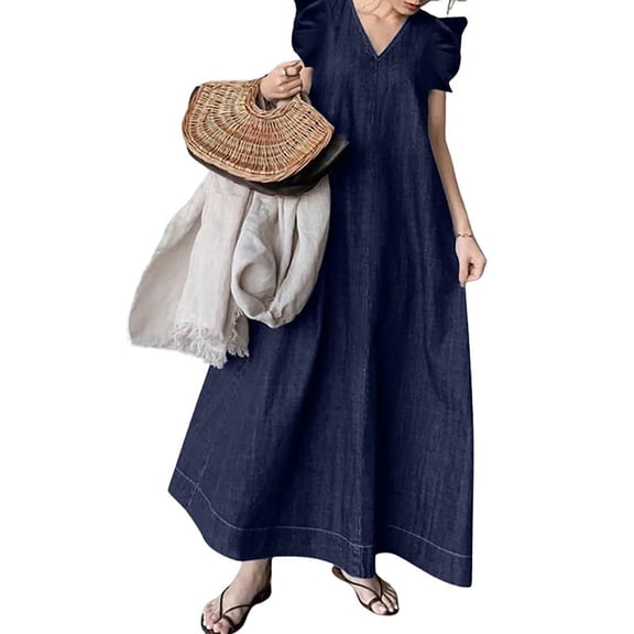 utcoco Womens Long Denim Dress Casual Loose Fit Ruffle Sleeveless V-Neck Jean Maxi Dresses for Women 2026