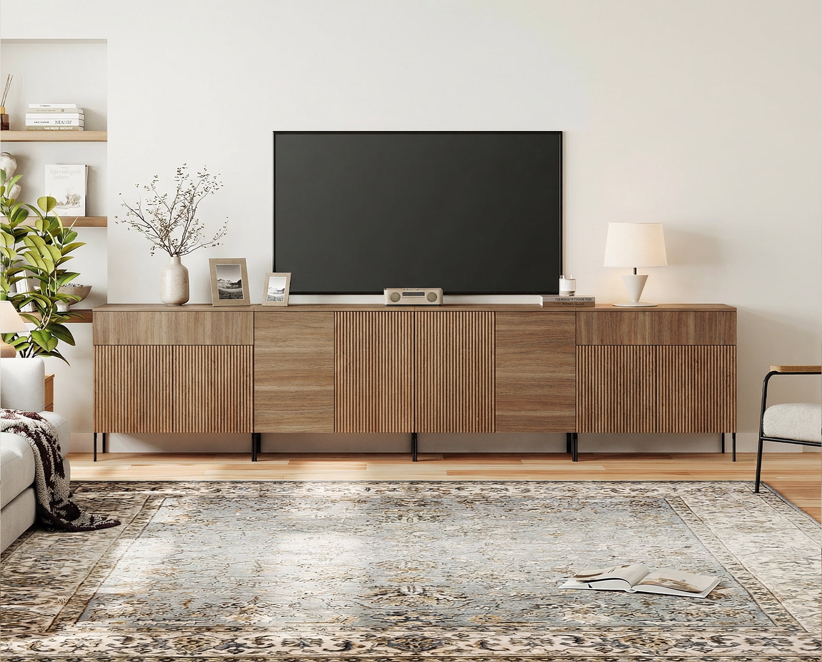 126" Long Modern Reeded Dresser TV Stand with Adjustable Sheves, Entertainment Center with Drawers, Wooden TV Console with Storage for Living Room