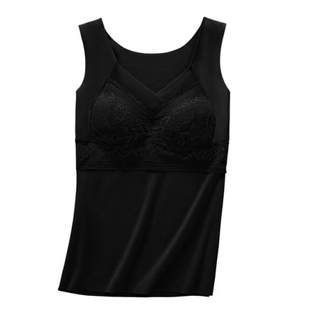 Harpily Thermal Underwear Top For Women Sleeveless Thermal Shirts For With Non Detachable Built In Bra V Neck Vest Fleece Lined Underwear Thermal Tank Tops Lace Underwear Black 3XL