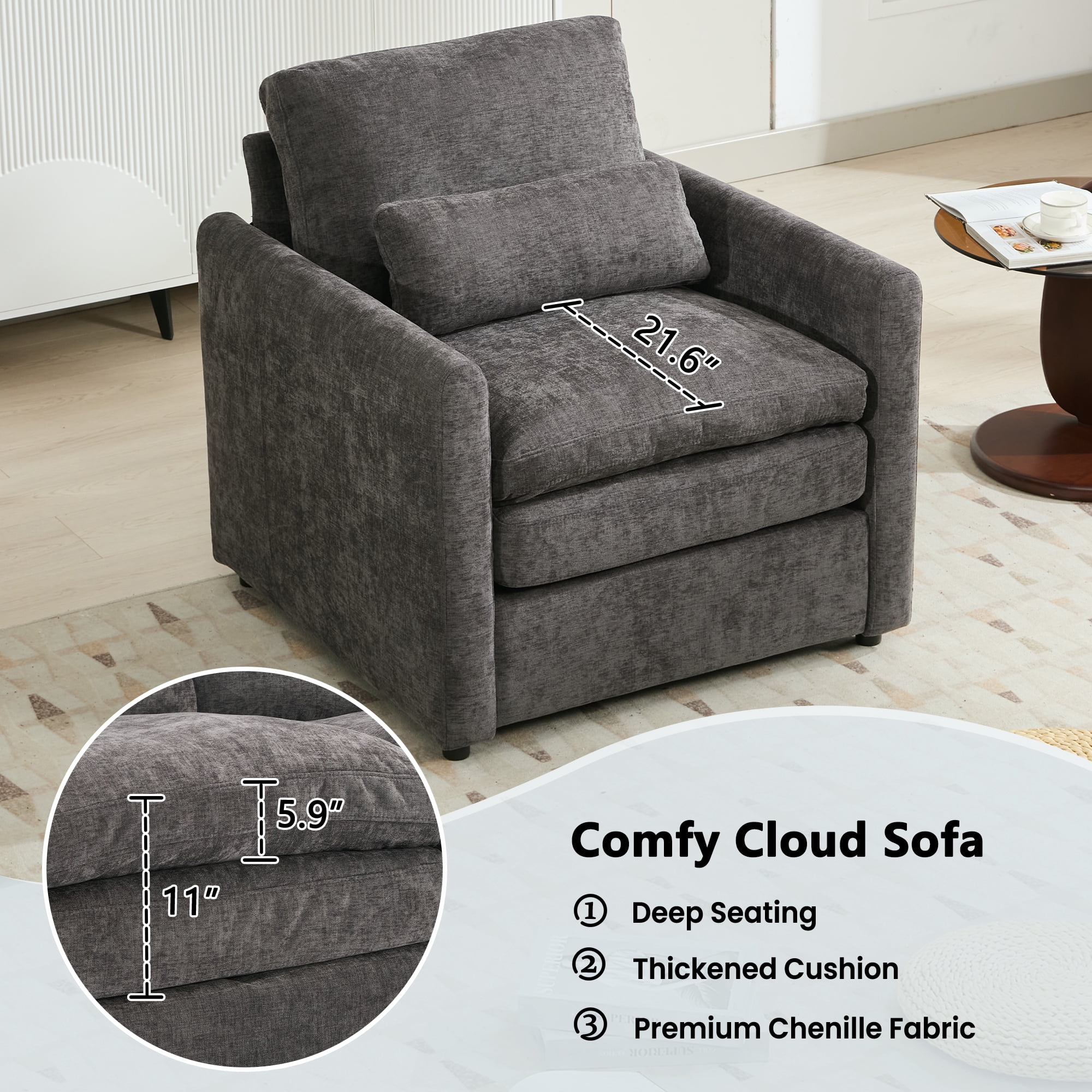 Leumius 31.9" Cozy Upholstered Armchair Oversized Comfy Cloud Sofa Double Cushion Single Sofa Plush Cushion Armchair for Living Room, Bedroom Grey