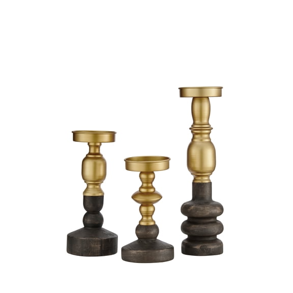 Danya B. Nara Antique Brass and Vintage Wood Taper Candlestick and Pillar Candle Holders - Set of 3