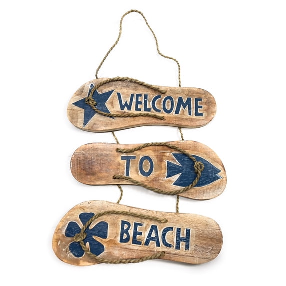 Wooden Slippers Sign "Gone To Beach" - Whitewash & Blue | #snd25073
