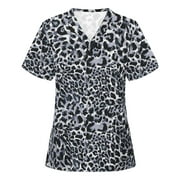 Olyvenn Women's Trendy Tunic Scrub Tops with Pockets Discount Nurse's Working Uniform Blouse 2023 Fashion Summer Short Sleeve Tees Leopard Print Tops V Neck Flowy Casual Shirts Gray 10