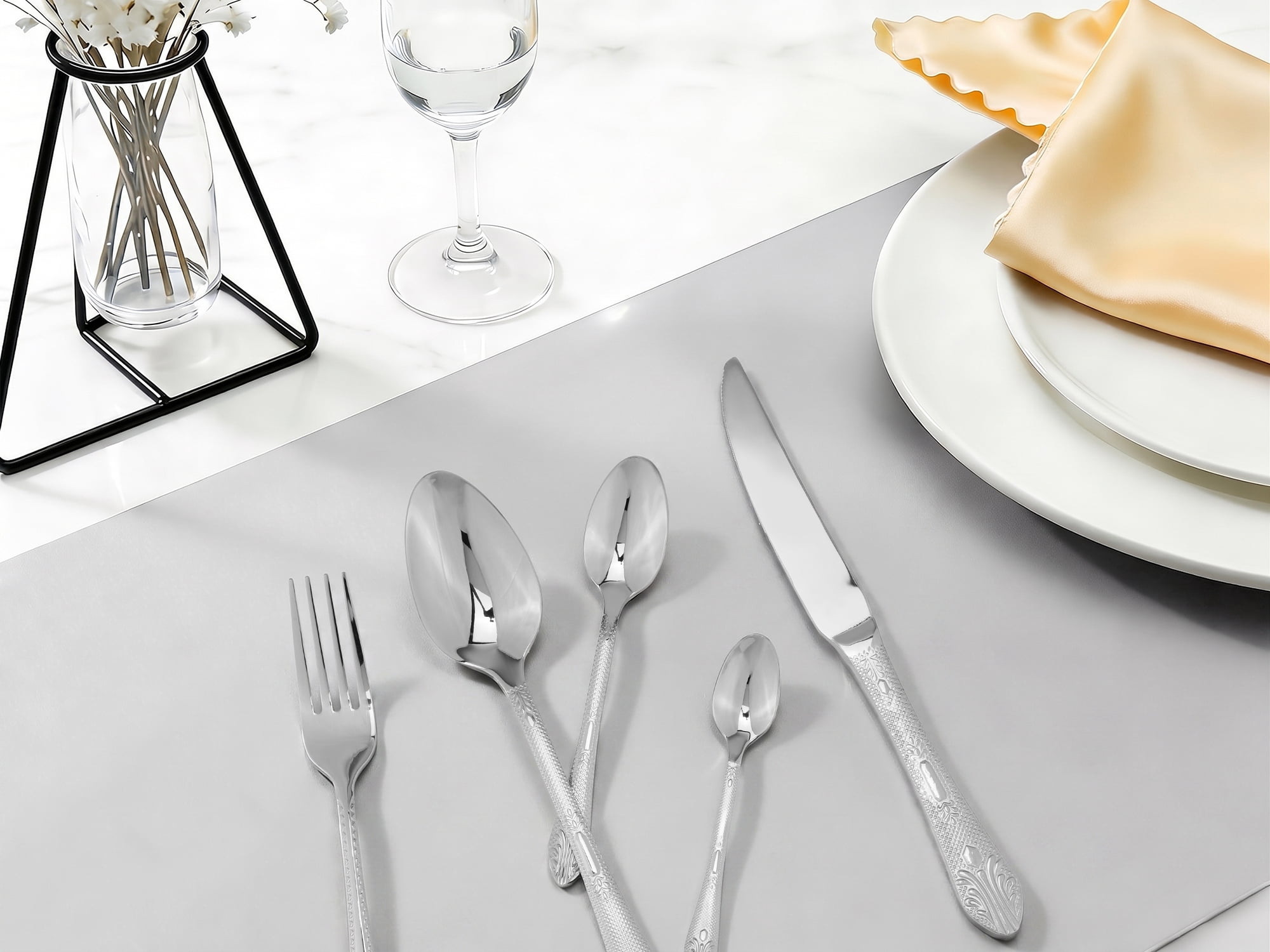 Unique Bargains 20Pcs Stainless Steel Floral Flatware Set For 4 Silver