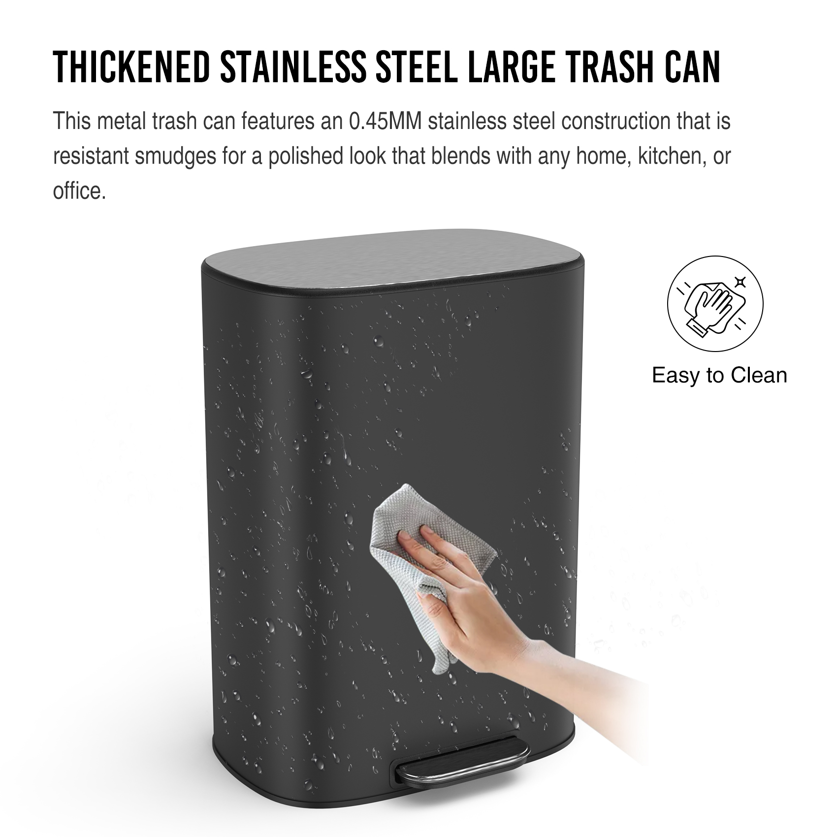 Miniyam 13 Gallon Stainless Steel Foot Pedal Large Trash Can with Soft Close Quiet Lid, Oval Garbage Can for Kitchen, Commercial, Home, Office, Black