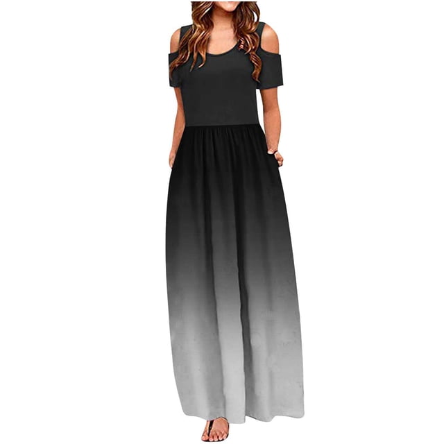 SMihono Robe Maxi Bohème d'Été pour Femmes Grande Taille Mode Décontractée Manches Courtes Épaules Dénudées Imprimé Col Rond Robe de Plage