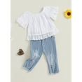 thumbnail image 5 of BemeyourBBs Toddler Baby Girls Summer Clothes Infant Baby Girls Denim Outfit Off Shoulder Tops Bell Short Sleeve Lace Shirt Top Ripped Jeans Denim Pearl Pants Set, 5 of 9