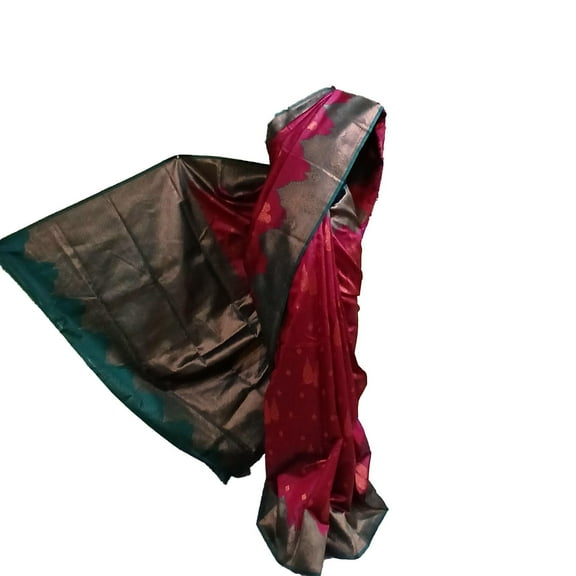 Ta la hi Collections Elegant Semi Silk saree with Green Border and running blouse- Wine