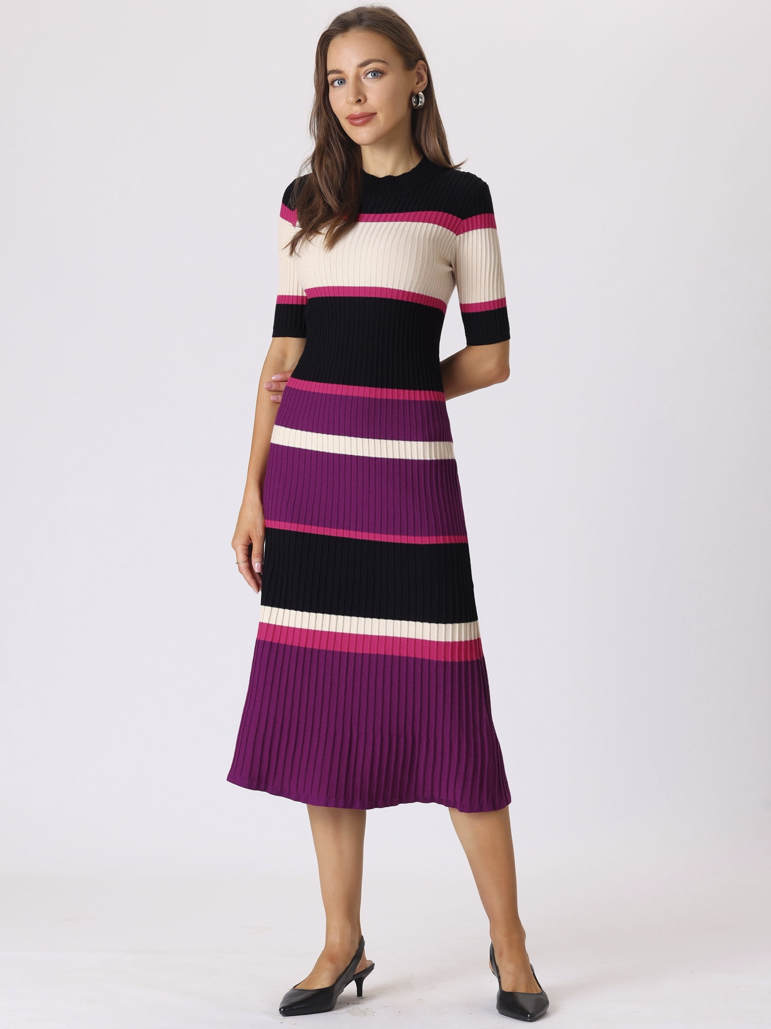 DARING DIVA Women's Striped Short Sleeve A-Line Midi Dresses XL Hot Pink
