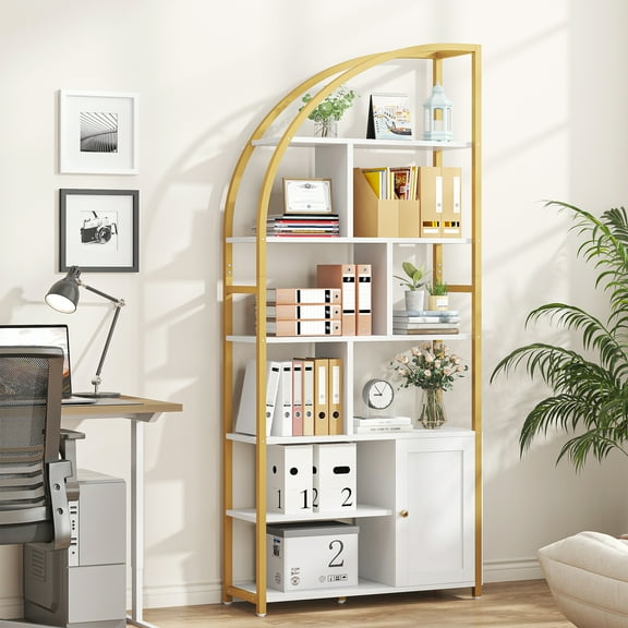 ModFurne 71.1" Tall Bookshelf with Storage Cabinet, 6-Tier Industrial Book Shelf, Freestanding Storage Shelving Unit for Living Room, Gold