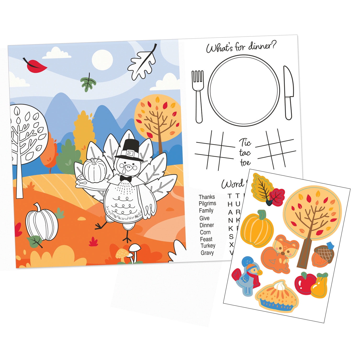Way to Celebrate Kids Thanksgiving Activity Placemats with Stickers, 16 ct