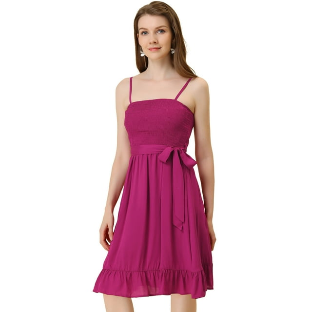 Unique Bargains Robe Cami d'Été à Bretelles Spaghetti Smockée pour Femmes Fuchsia S