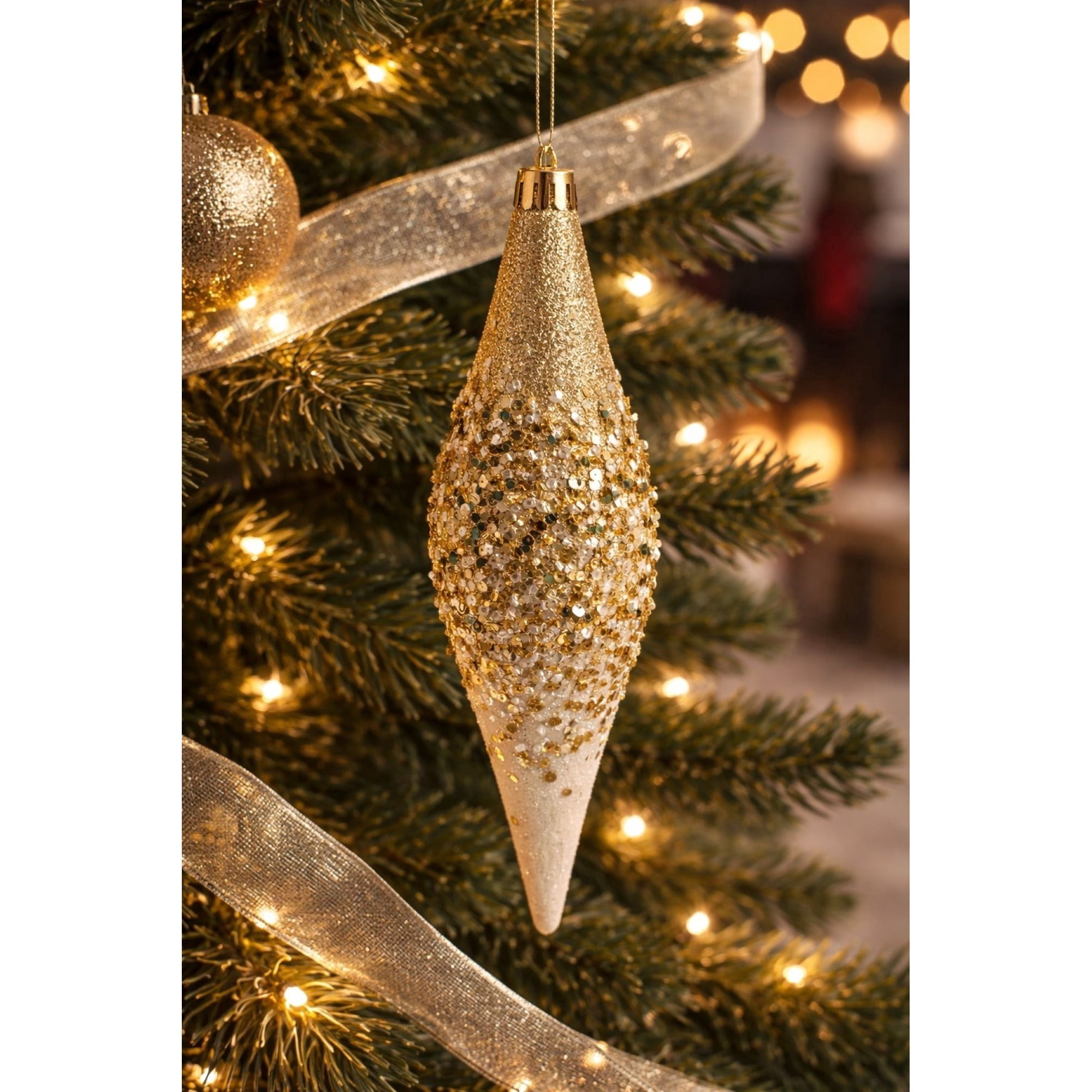 4-Count White and Gold Glitter Ombre Finial Shatterproof Christmas Ornaments, 8.3", by Holiday Time