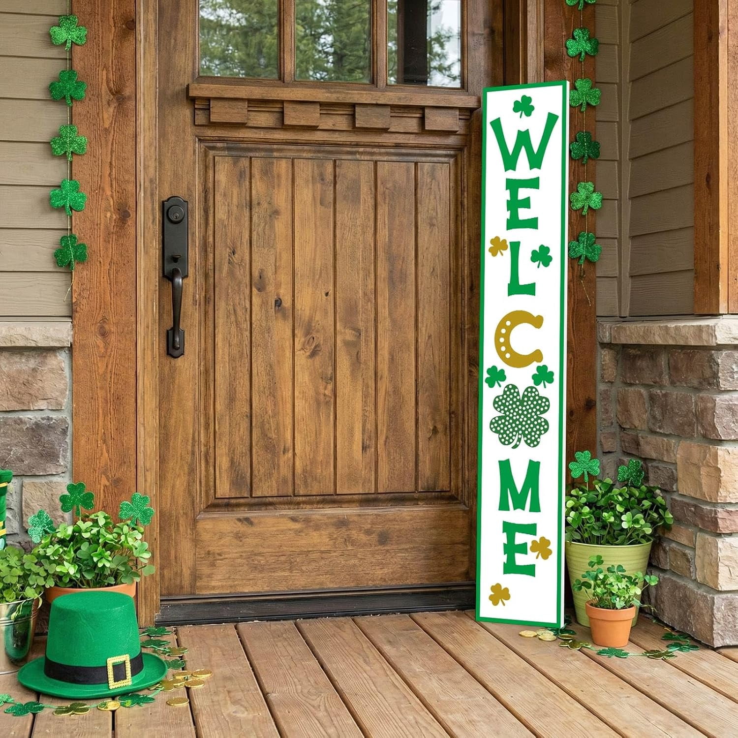 St Patricks Day Porch Sign, 47"H Wooden Saint Patrick's Tall Leaner Vertical Welcome Sign for Front Door Standing Decor, Irish March Outdoor Yard Decorations for Home