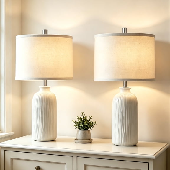 RORIA White Table Lamps Set of 2, 21"Modern Ceramic Bedside Lamps,for the Living Room, Bedroom Nightstands, and Office (Bulbs Included)