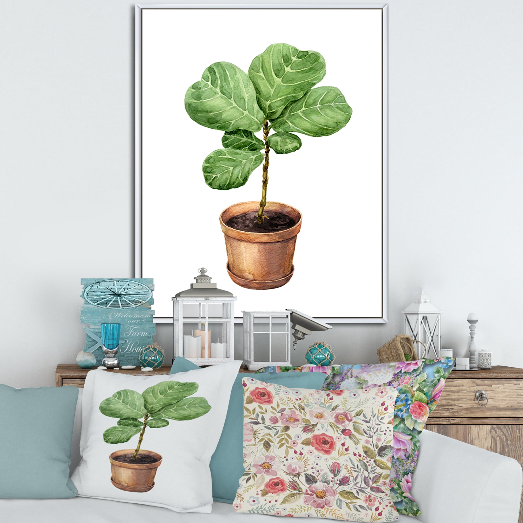 Designart 'Ficus Lyre Plant In Clay Flowerpot' Traditional Framed Canvas Wall Art Print