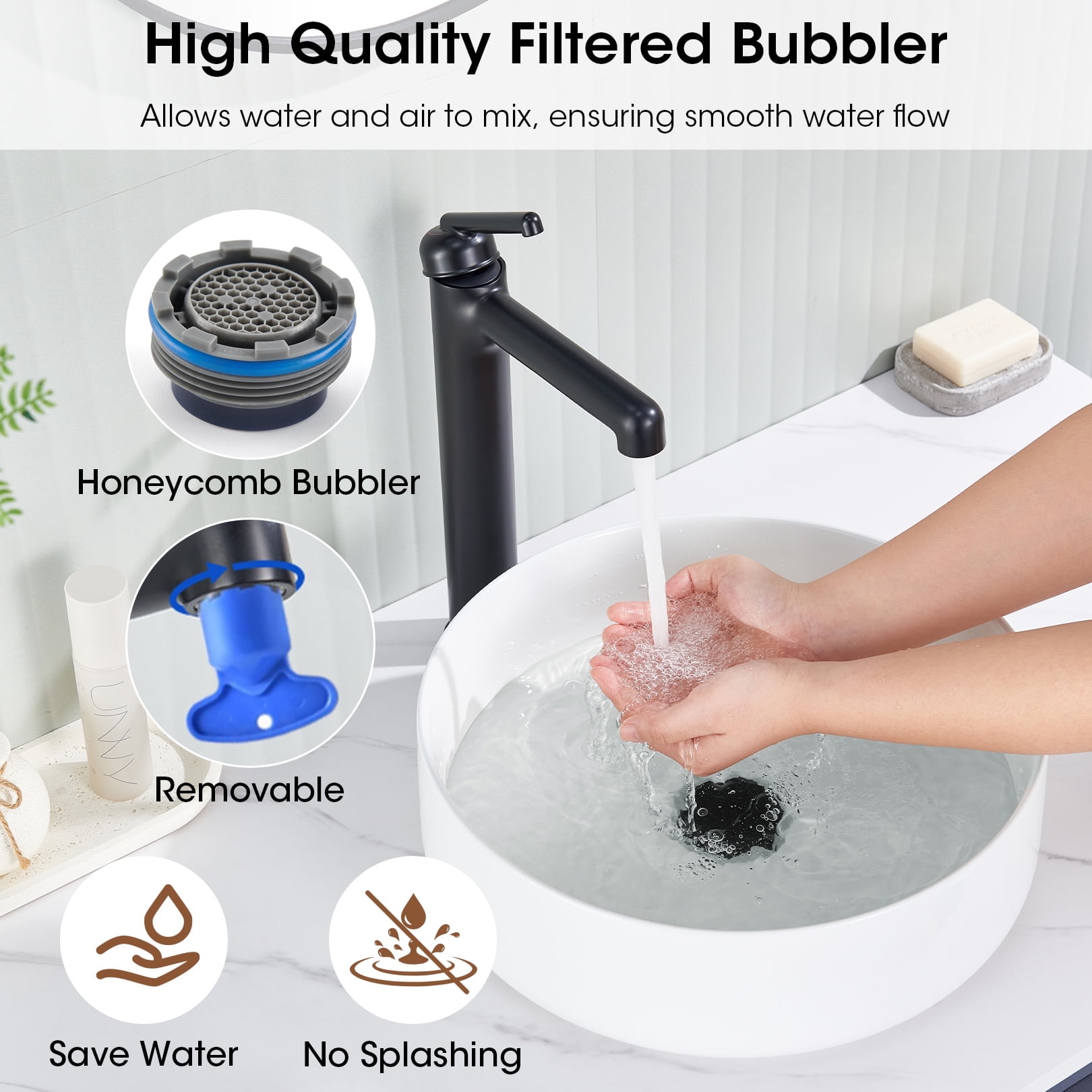 Wowkk Matte Black Bathroom Faucets 9.84" High Spout Tall Basin Faucet, Single Handle Bathroom Sink Faucet with Pop Up Drain and Faucet Supply Lines