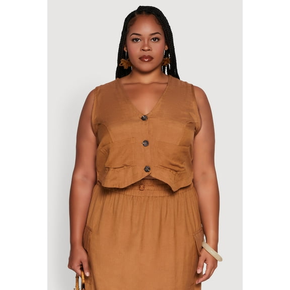 Womens Plus Size Linen V-Neck Cropped Vest