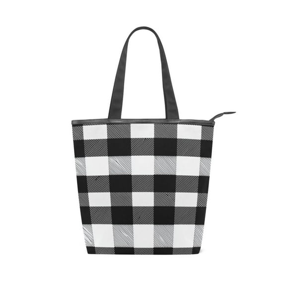 Zipper canvas bag, large capacity large size practical handbag, durable Canvas with leather material, DIY personalized pattern customization. Black White Plaid Pattern