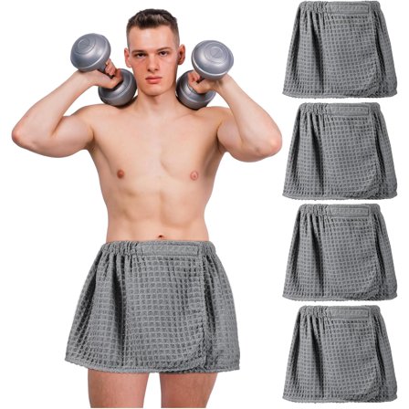 GCASLK-4 Pcs Mens Wearable Bath Towel Wrap Short Pants 11.81'' Mens Towel Shower Wrap with Closure for Bathroom Shower Spa Gym(Gray,Waffle)