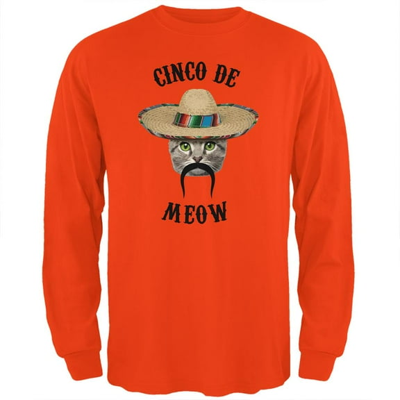 Funny Cat Cinco de Mayo Meow Mens Long Sleeve T Shirt Orange 2XL