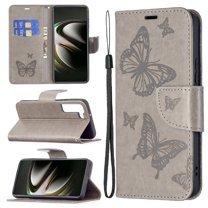 Dteck Butterfly Pattern Case for Samsung Galaxy S23,Magnetic Leather Card Wallet Case Shockproof Kickstand Cover with Wrist Strap for Galaxy S23,Gray