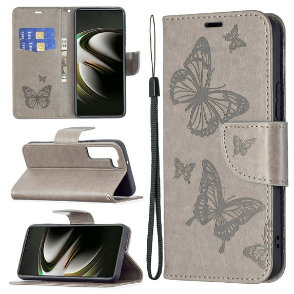 Wallet Case for Samsung Galaxy S23 Plus, Butterflies Pattern Luxury PU Leather Card Slots Holder Magnetic Flip Folio Cover with Kickstand Soft Silicone Shockproof Protective Case,Gray