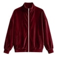 thumbnail image 3 of Smupbvky Womens Velour Zip Up Bomber Coat Stand Collar Long Sleeve Oversized Jacket Fall Winter Casual with Pockets (S, Wine), 3 of 8