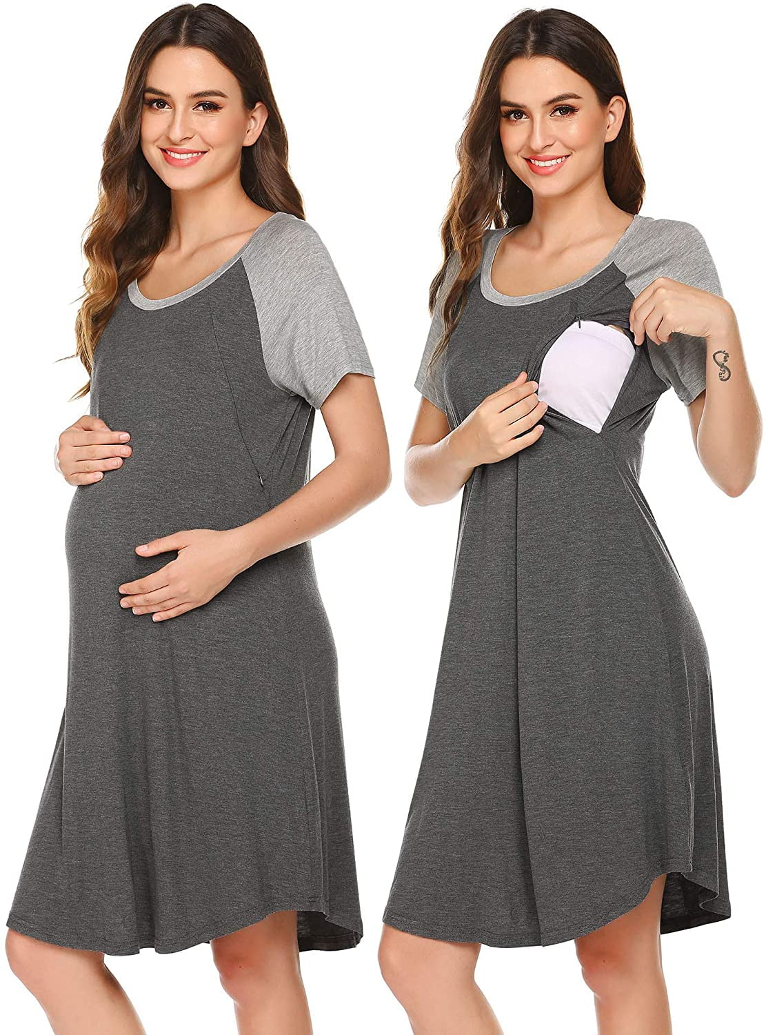 Ekouaer 3 in 1 Nursing Nightgowns V Neck Maternity Hospital Gown for Breastfeeding Delivery Labor Robe Classic Style