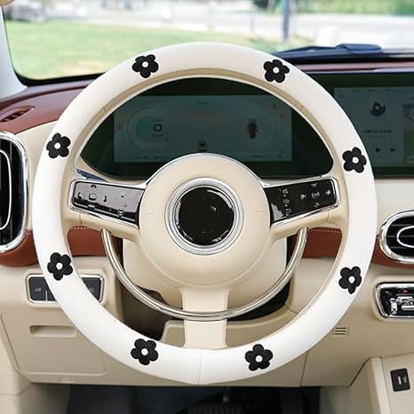 Flower Steering Wheel Cover Cute Steering Wheel Wrap Non-Slip Steering Wheel Protector fit for 14-15 inch-White Black Flower