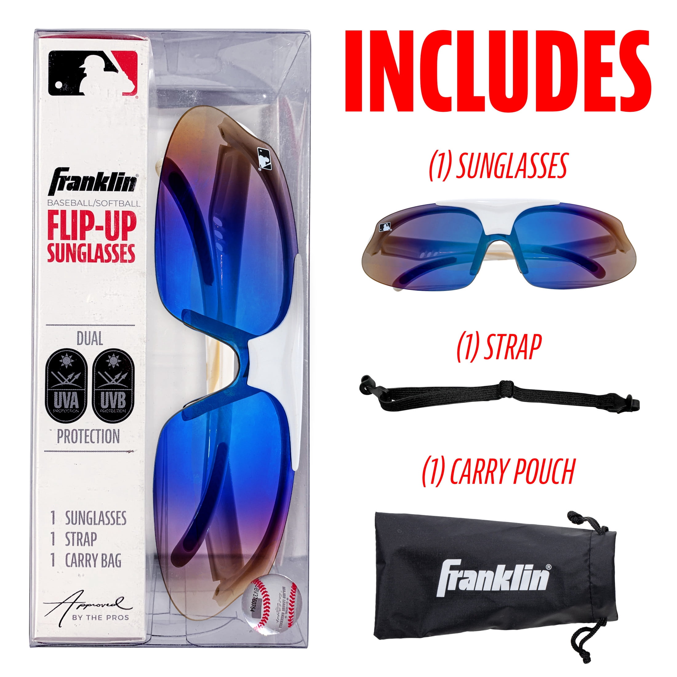 Franklin Sports MLB Baseball Sunglasses - Flip Up Baseball + Softball Sunglasses for Kids + Adults - Lightweight Sport Sunglasses for UV Protection - White