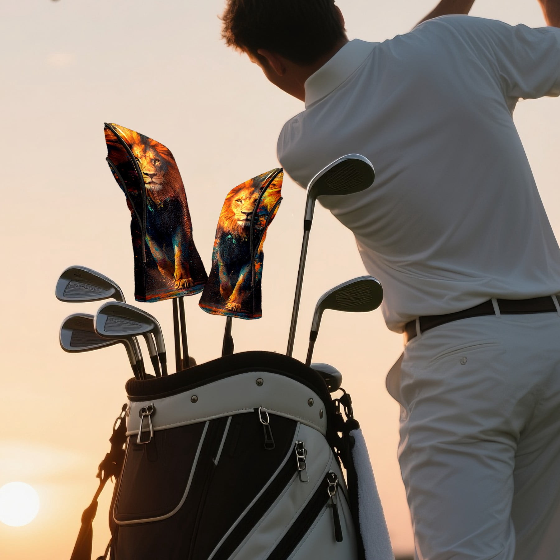Golf Club Covers PU Leather Waterproof Head Covers for Fairway Woods Hybrids Graffiti Lion
