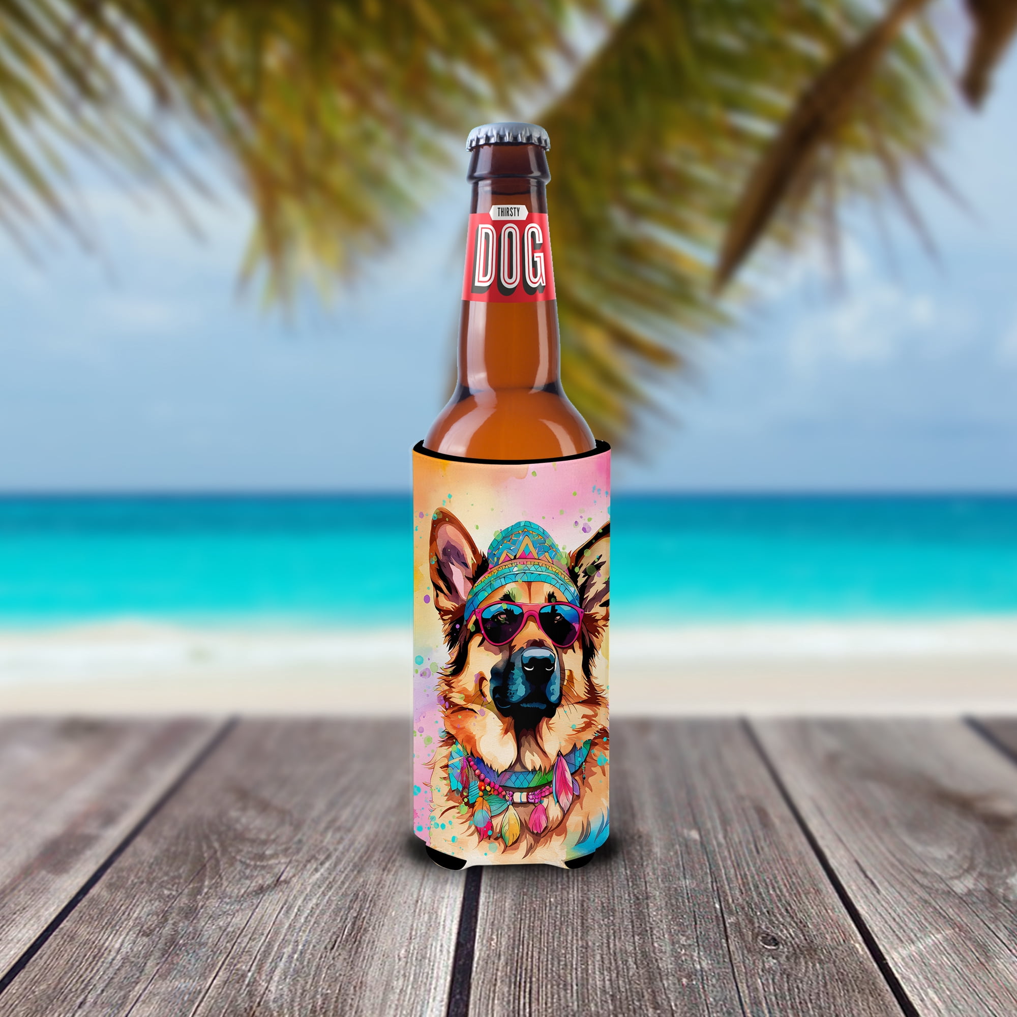 German Shepherd Hippie Dawg Hugger for Ultra Slim Cans 4 in x 6.5 in